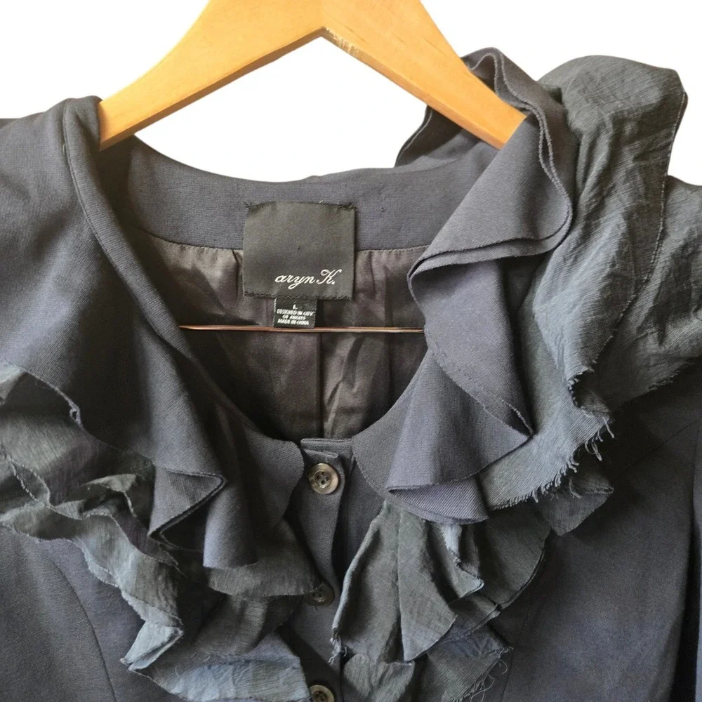 Aryn K. Button Up Blazer Ruffled Structured Large Gray - Picture 4 of 4